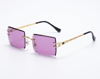 Purple Rimless Square Sunglasses – Slim Metal Frames, Gothic Coquette Dark Luxury Eyewear Unisex Alt Fashion