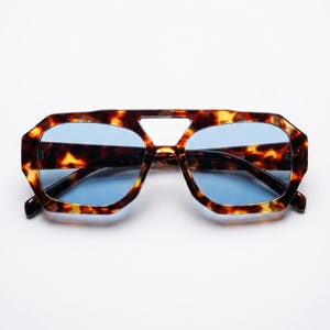 Amber Blue Geometric Sunglasses – Angular Double Bridge Frames, Bold Alt Luxury Eyewear Unisex Y2K Gothic