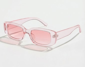 Pink Y2K Rectangle Sunglasses – Retro 90s Shades – Transparent Pink Fashion Glasses – Trendy Festival Eyewear