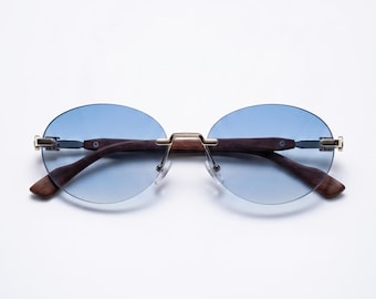 Blue Wood Rimless Oval Sunglasses – Gold Bridge Luxury Eyewear, Style Alt Fashion Unisex Summer