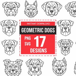 May include: A collection of 17 geometric dog designs in PNG and SVG formats. Each dog portrait is a low-poly illustration in black and white, featuring various breeds. The designs are perfect for digital art projects.