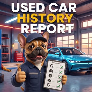 Op de afbeelding: Een cartoon Franse Bulldog in een blauw monteursuniform en pet, die een duim omhoog steekt en een klembord met een checklist vasthoudt. De tekst USED CAR HISTORY REPORT staat erboven. Een blauwe auto staat geparkeerd in een garage.