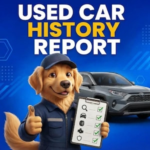 May include: A golden retriever character wearing a blue uniform and cap, giving a thumbs up while holding a clipboard with a checklist. Behind the character is a gray SUV and the text USED CAR HISTORY REPORT against a blue background.