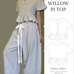 May include: A light blue and white striped pajama set, featuring a short-sleeved top with a ruffled hem and button closure, paired with wide-leg pants. The set includes a white ribbon tie. The image also shows a sewing pattern with the text "WILLOW PJ TOP".