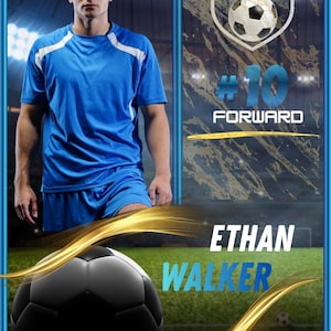 以下が含まれることがあります： 青いユニフォームを着たサッカー選手をフィーチャーした、サッカーをテーマにしたグラフィック。画像にはサッカーボール、テキスト「#10 FORWARD」、名前「ETHAN WALKER」が含まれています。リンカーンサッカーのロゴも表示されています。