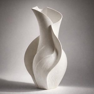Könnte beinhalten: Eine weiße, skulpturale Vase mit einem fließenden, organischen Design. Die Vase hat einen hohen, schlanken Hals, der sich oben öffnet. Der Körper der Vase weist geschwungene, blütenblattartige Formen auf. Die Oberfläche hat ein strukturiertes, mattes Finish.