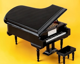 Miniature Grand Piano Model: Detailed Wood Decor with Bench