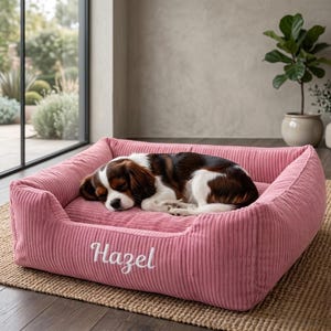 Personalisiertes rechteckiges Hundebett mit individueller Namensstickerei - Waschbares Cord-Haustierbett für modernes Wohndekor