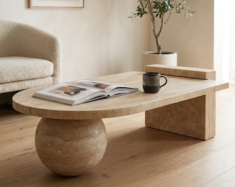 Mesa de centro de travertino diseñada a medida para sala de estar con piedra natural.