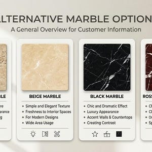 Puede incluir: Un gr&aacute;fico informativo titulado "ALTERNATIVE MARBLE OPTIONS" presenta cuatro opciones de m&aacute;rmol: Travertino, Beige, Negro y Rosso Levanto. Cada muestra se muestra con caracter&iacute;sticas clave, como textura, apariencia y usos sugeridos para el dise&ntilde;o de interiores.