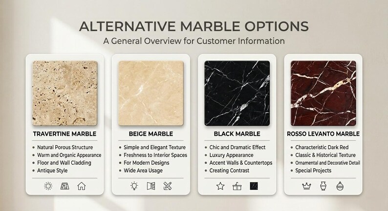 Puede incluir: Un gr&aacute;fico informativo titulado "ALTERNATIVE MARBLE OPTIONS" presenta cuatro opciones de m&aacute;rmol: Travertino, Beige, Negro y Rosso Levanto. Cada muestra se muestra con caracter&iacute;sticas clave, como textura, apariencia y usos sugeridos para el dise&ntilde;o de interiores.