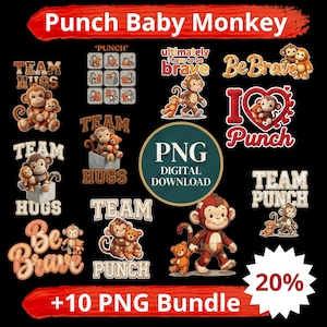 Puede incluir: Una colección de gráficos PNG de descarga digital con monos de dibujos animados y osos de peluche. Los diseños incluyen frases como "Team Hugs", "Be Brave" e "I Love Punch". La paleta de colores incluye elementos marrones, rojos y blancos sobre un fondo negro.