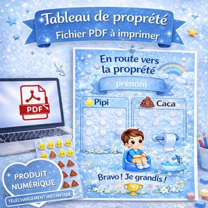 May include: A digital PDF potty training chart with the text "Tableau de propriété" and "En route vers la propriété". The chart features a boy on a potty, with sections for "Pipi" and "Caca", and stickers. A laptop displays a PDF icon.