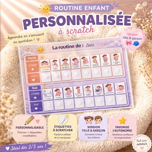 Peut inclure: Tableau de routine enfant personnalisé avec l'inscription "ROUTINE ENFANT PERSONNALISÉE à scratch". Il présente des illustrations pour les activités du matin et du soir, avec un espace pour le nom de l'enfant et des autocollants à gratter. Conçu pour les enfants de 2 à 3 ans.