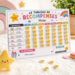 Peut inclure: Un tableau de récompenses rectangulaire intitulé LE TABLEAU DE RÉCOMPENSES de Maëlys, avec des colonnes pour les jours de la semaine et des lignes pour les tâches. Il inclut des aimants en forme d'étoile jaune, un arc-en-ciel et un cadeau.