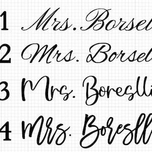 May include: A digital graphic displaying four distinct black font styles labeled #1 through #4. Each line features the text 'Mrs. Borselli' or 'Mrs. Boreslli' in varying cursive and script typefaces against a white grid background.