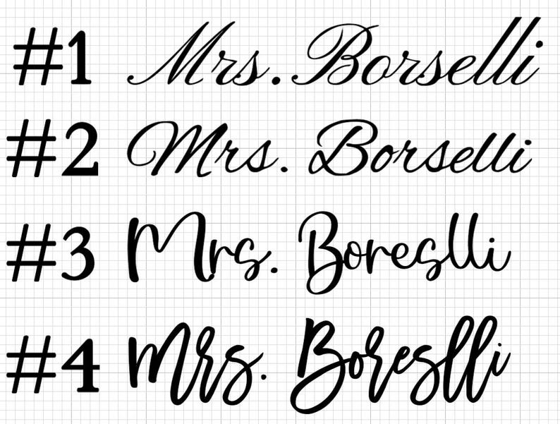 May include: A digital graphic displaying four distinct black font styles labeled #1 through #4. Each line features the text 'Mrs. Borselli' or 'Mrs. Boreslli' in varying cursive and script typefaces against a white grid background.