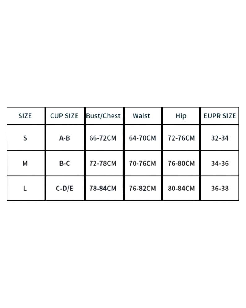 May include: A black and white size chart table with columns for Size, Cup Size, Bust/Chest, Waist, Hip, and EUPR Size. The rows list measurements in centimeters for sizes S, M, and L, including bust ranges from 66-84cm, waist from 64-82cm, and hip from 72-84cm.