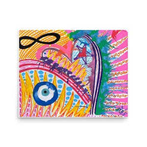 May include: Abstract art print featuring a heart shape with an infinity symbol, an eye, and a series of figures climbing up the heart. The artwork uses bright colors like pink, yellow, blue, and green, with a mix of patterns and textures.