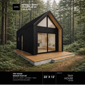 May include: A contemporary black tiny house design plan set. The house measures 6.7 metres by 3.7 metres, with a loft bed and one bathroom. The design includes CAD and PDF files. The house has large windows and a wooden deck.