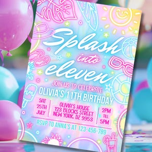 May include: A colorful invitation with the text "Splash into eleven" for Olivia's 11th birthday. The design includes beach-themed illustrations like sunglasses, a beach ball, and a sun. The invitation provides event details.