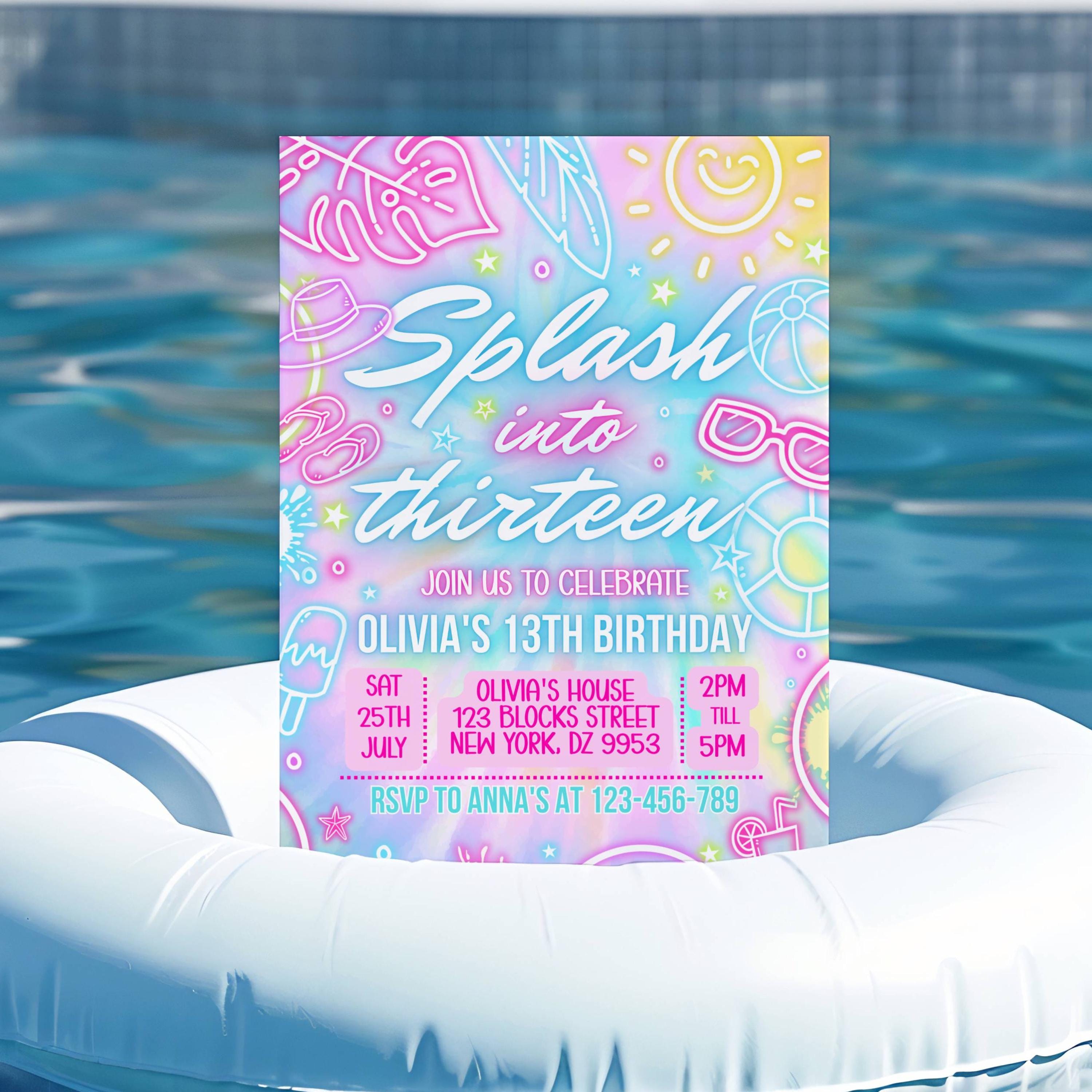 Editable 13th Pool Party Birthday Invitation, Neon Glow Summer Dive ...