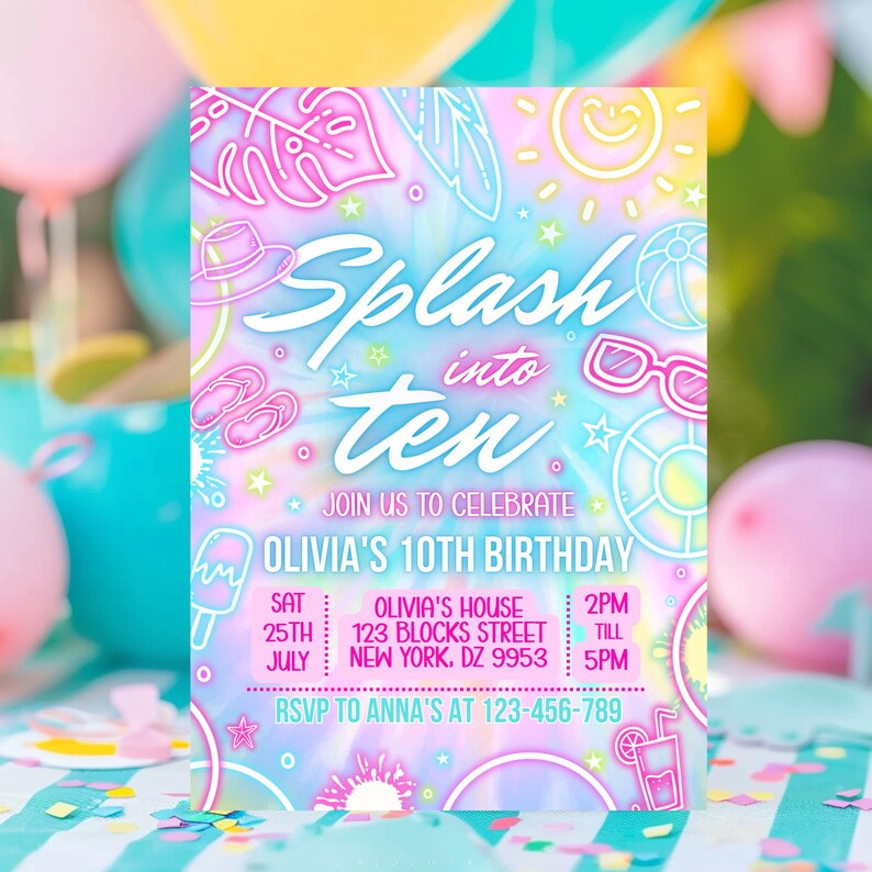 Editable 10th Pool Party Birthday Invitation, Neon Glow Summer Dive ...