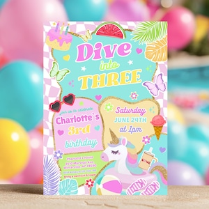 May include: A rectangular birthday invitation card featuring a light blue background with a pink and white checkered border. The text reads Dive into THREE, Charlotte's 3rd birthday, Saturday June 24th at 1pm, and address details. Graphics include a unicorn, cake, watermelon, butterflies, heart-shaped sunglasses, and an ice cream cone.