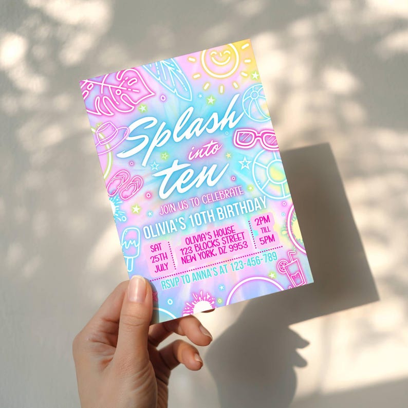 Editable 10th Pool Party Birthday Invitation, Neon Glow Summer Dive ...