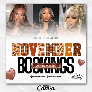 May include: A promotional flyer featuring three portraits of individuals with different hairstyles above the text NOVEMBER BOOKINGS ARE NOW AVAILABLE. The design includes autumn-themed patterns, two brown heart icons, and social media contact details.
