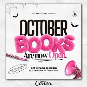 May include: A digital graphic featuring the text OCTOBER BOOKS Are now Open in black and pink fuzzy lettering. The design includes a leopard print pen, a matching leopard print megaphone, spider webs, a spider, and bats on a white background.