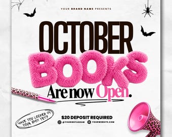Boekingsflyer voor oktober, Halloween-boekingsflyer, Canva-sjabloon voor afspraken bij een kapsalon, wimper- en nagelstudio, kalenderflyer voor oktober