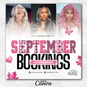 May include: A promotional flyer featuring three individuals with different hair colors, including platinum blonde, dark brown, and pink. The text reads SEPTEMBER BOOKINGS ARE NOW AVAILABLE, YOUR BUSINESS NAME HERE, YOURINSTAGRAM, YOURWEBSITE.COM, and $20 Deposit Required.