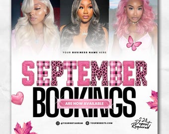 September Booking Flyer, September Books Now Open Flyer, Fall Season Booking Flyer, September Fall Hair Braids Wig Nails Lashes Makeup Flyer