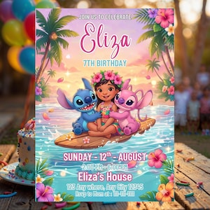 Puede incluir: Tarjeta de invitación de cumpleaños con una niña de dibujos animados con corona de flores, un alienígena azul y uno rosa en una tabla de surf. Texto: JOIN US TO CELEBRATE Eliza 7TH BIRTHDAY, SUNDAY 12TH AUGUST, 2:00 PM-6:00 PM, Eliza's House, 123 Any where, Any City 12345, Rsvp to Mom at 111-111-1111.