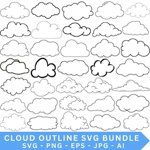 May include: A collection of cloud outline designs in various shapes and sizes. The image includes a blue banner at the bottom with the text "CLOUD OUTLINE SVG BUNDLE" and file type options: SVG, PNG, EPS, JPG, and AI.