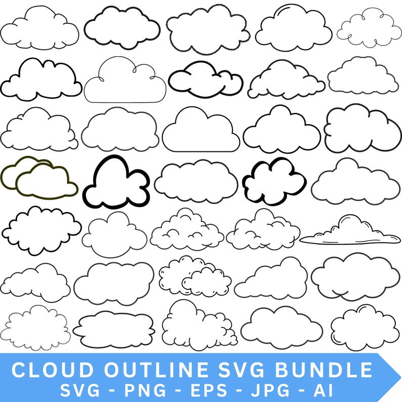 Cloud Outline SVG Bundle, Weather Clip Art, Cricut Cut Files (digital ...