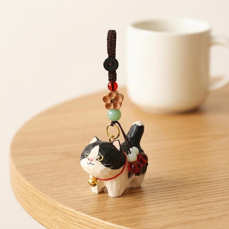 Cute Wooden Cat Keychain | Carved Animal Bag Charm and Desk Ornament ...