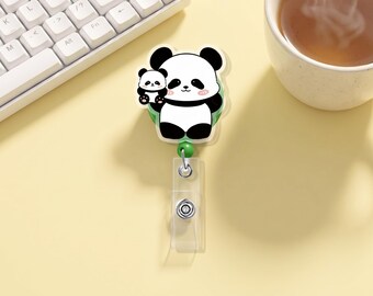 Portatarjetas retráctil Kawaii / Lindo tarjetero acrílico con diseño de oso y panda para enfermeras, maestros y compañeros de trabajo.