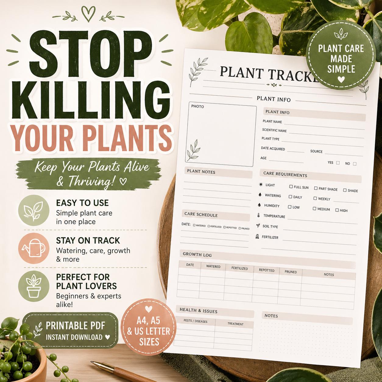 Plant Care Tracker Printable | Keep Your Plants Alive Simple Watering ...