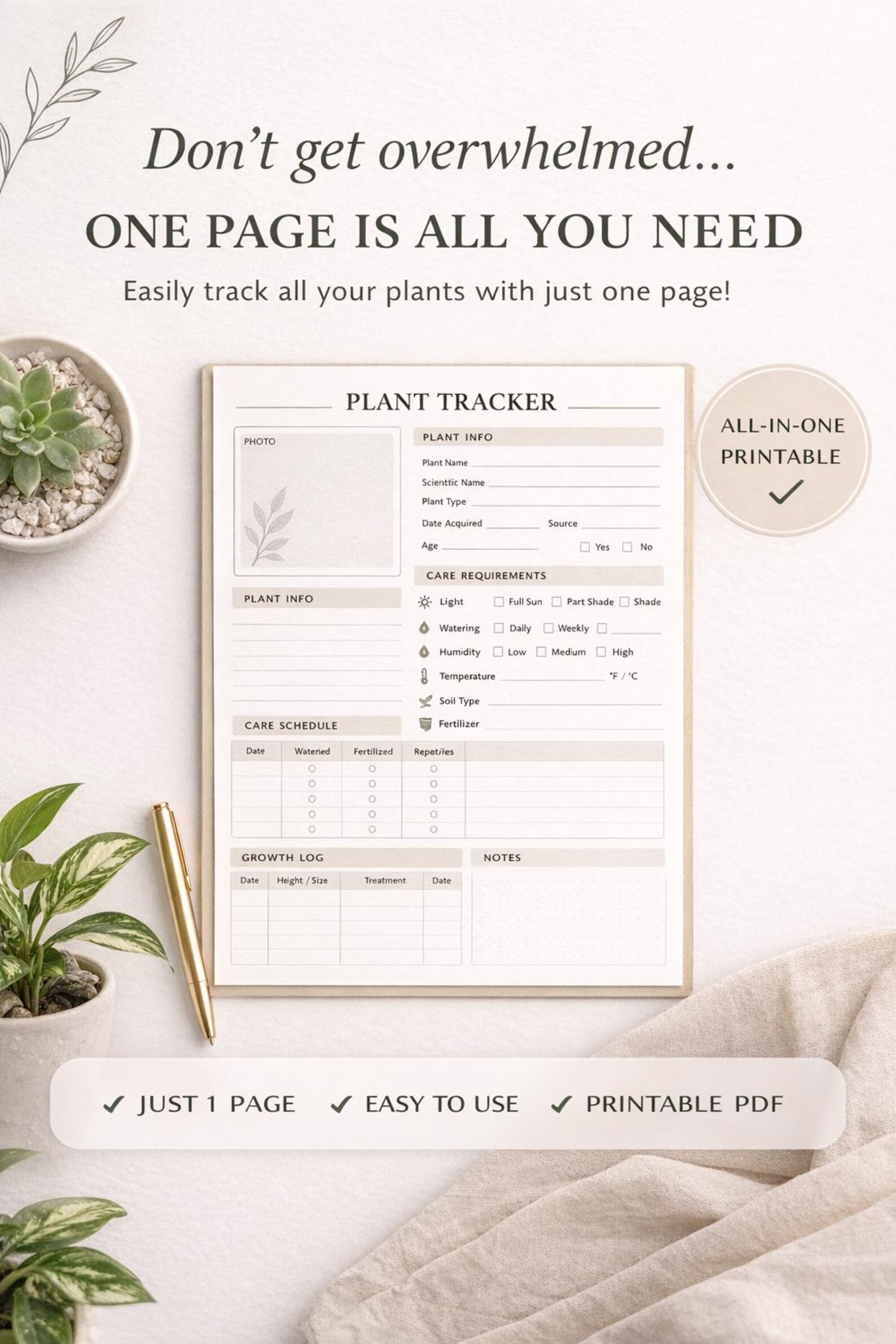 Plant Care Tracker Printable | Keep Your Plants Alive Simple Watering ...