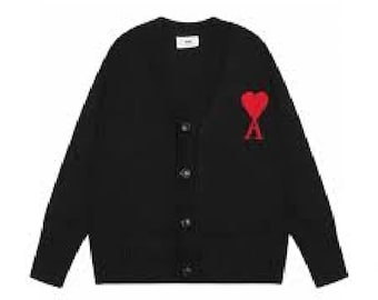 AMI Paris Embroidered Heart Wool Button Down Sweater Soft Knit V Neck Women’s Cardigan