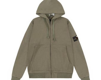 Felpa con cappuccio e zip in cotone – Stile Stone Island, dettaglio toppa sulla manica, abbigliamento casual streetwear