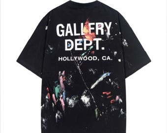 Camiseta estilo Gallery Dept, camiseta con estampado de salpicaduras de pintura, camisa de algodón estilo streetwear de Hollywood, California.