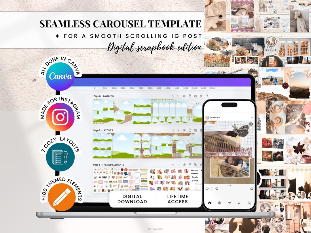 Seamless Instagram Carousel Template Bundle | Cozy Digital Scrapbook ...