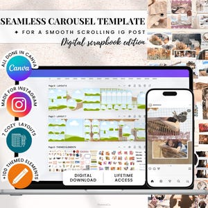 May include: A laptop and smartphone showcase a digital scrapbook template for Instagram. The laptop screen displays a carousel layout with green and blue elements. The phone shows a sample post. Text includes "Seamless Carousel Template" and "Digital scrapbook edition."