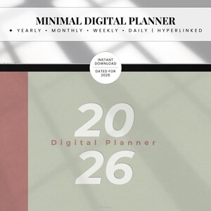 May include: A digital planner for 2026 displayed on a tablet. The screen shows the numbers "20" and "26" in a large, bold font, with "Digital Planner" beneath. The background is a soft green with a red vertical stripe on the left. The text "Minimal Digital Planner" is at the top.