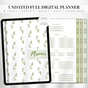 May include: A digital planner on a tablet with a white cover featuring a pattern of green leaves. The planner's text reads "Undated Full Digital Planner" and "Gentle Green Planner". The planner is open to a page with planning sections.
