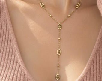 Collier Y maille marine perles dorées  - Acier inoxydable doré - Collier cravate - Bijou tendance élégant - Idée cadeau femme fille ado