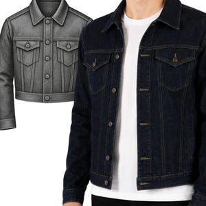 Può includere: Giacca di jeans blu scuro dal design classico, con chiusure a bottoni e tasche sul petto. La giacca è indossata sopra una maglietta bianca. Un'illustrazione di una giacca simile è a sinistra.